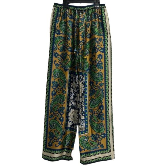 Zara Multicolor Green Blue Print Highwaisted Drawstring Pants Women’s Size M - Picture 2 of 15